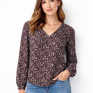 LOFT Tunic Blouse Womens XS Purple Floral V Neck Long Sleeve Lightweight Top